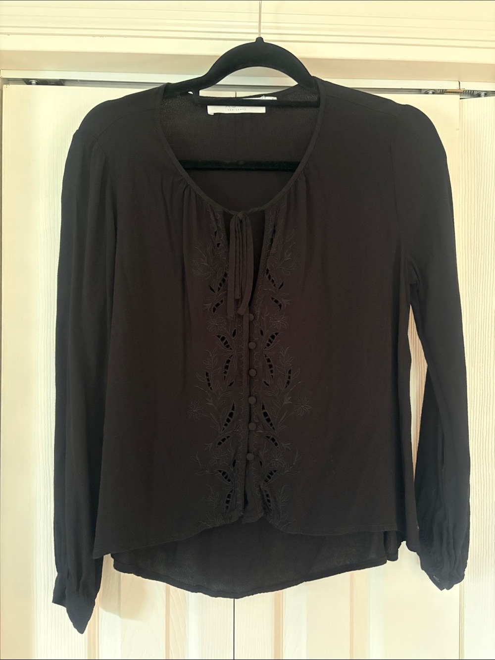 Astr the label Black Long-Sleeve Embroidered Tie-Neck Top